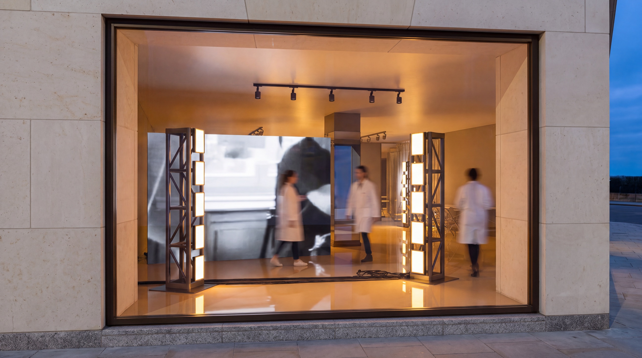 Evening view of the Luis De Javier vitrine on a Paris street: a glazed shopfront in cream limestone, two lattice towers of warm light flanking a screen, and figures in white atelier coats moving inside.