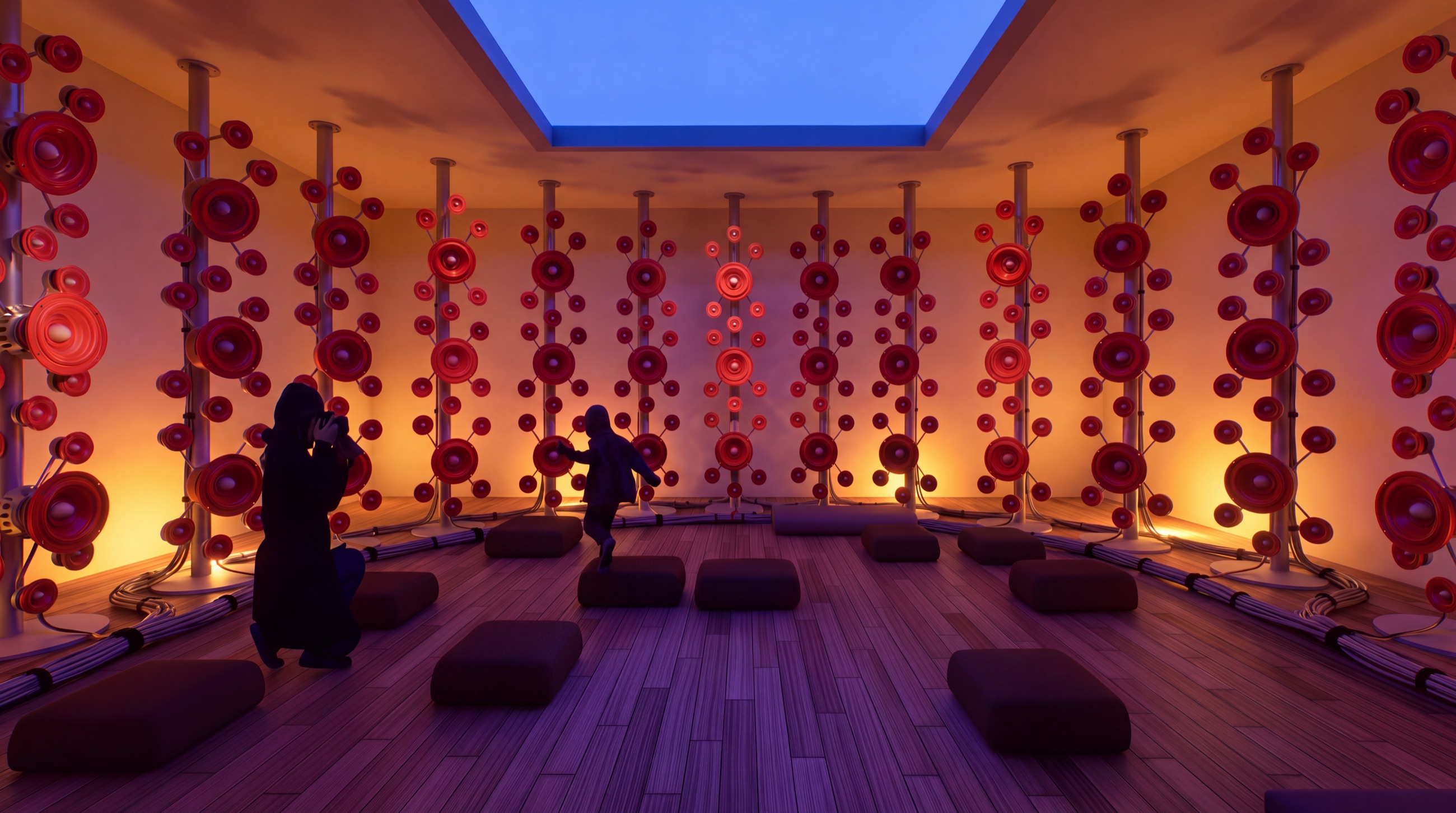 Room lined with vertical masts of glowing red open-baffle speaker drivers, each bracketed to its mast and its cable bundled down to a trunk run across the floor, with a blue skylight overhead and cushions between them.